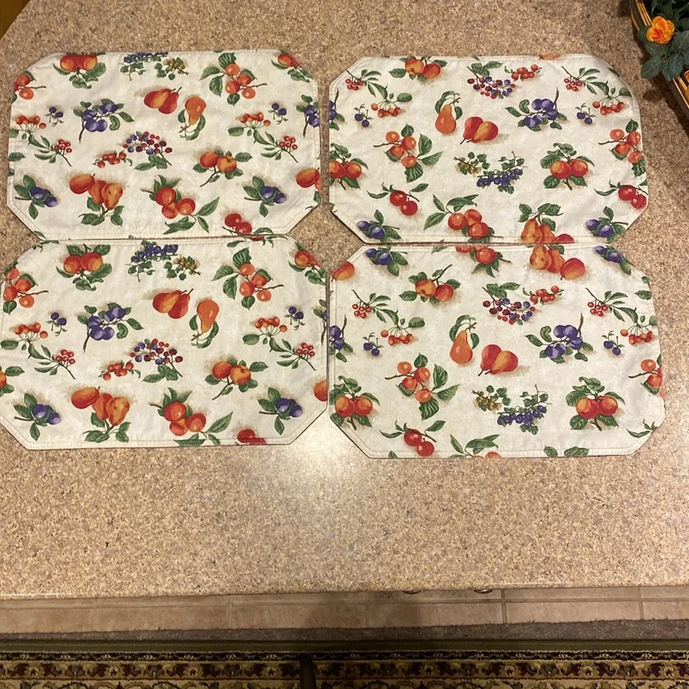 Longaberger 4 Placemats Fruit Medley and Blueberry Plaid USED WITH FADING/STAINS